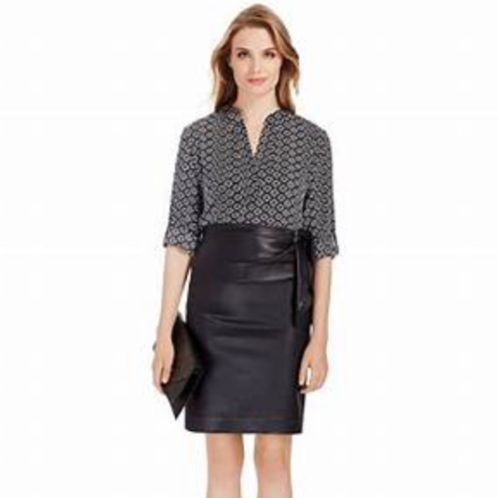 Diane Von Furstenberg Leather and Jersey Pencil Skirt with bow accent at waist.